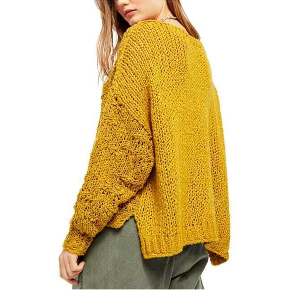 Free People Sweater Sunday Shore Open Knit V Neck Women Gold M NEW NWOT 441 - Picture 2 of 5